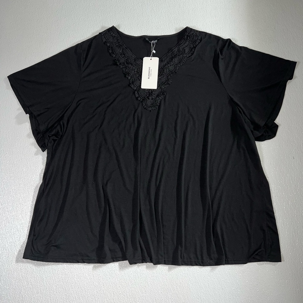BloomChic Solid Ruffle Sleeve Lace V Neck Women's T-Shirt Black Size 30 NWT - Picture 4 of 10